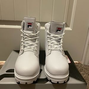 All white fila boots